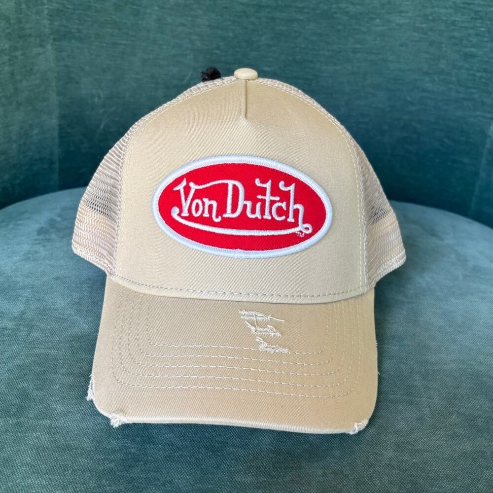 Von Dutch Tan Distressed Trucker Hat with Red Logo